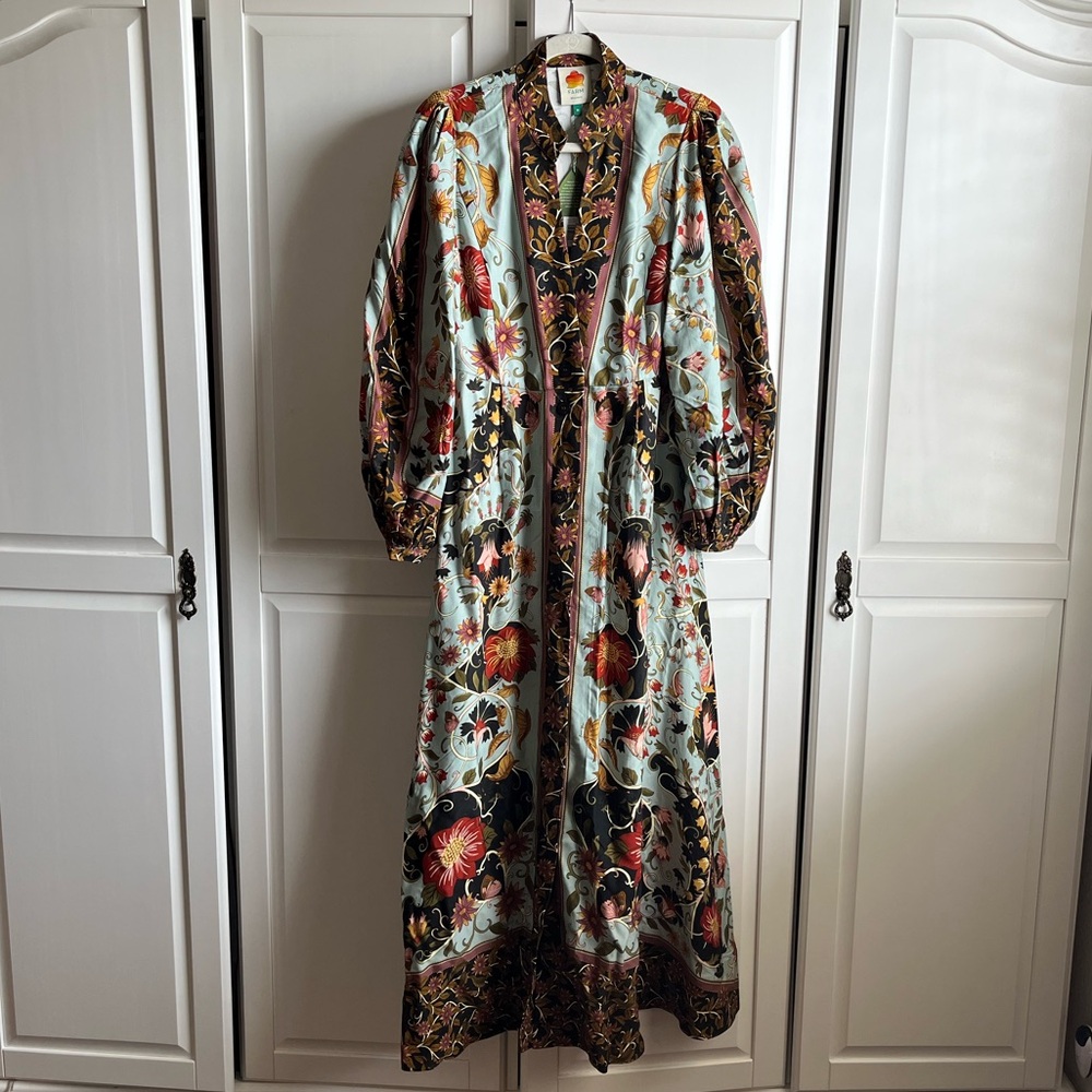Farm Rio NWT Blue Flowing Beauty Maxi Dress size women’s M button up v-neck swan